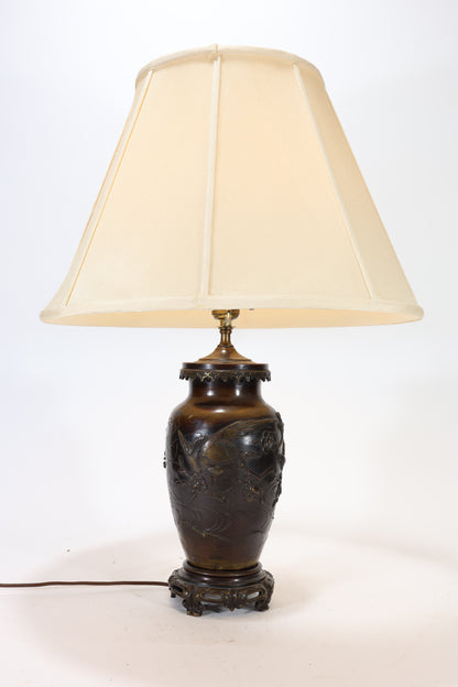 Japanese Meiji Bronze Vase Lamp with Relief Decoration