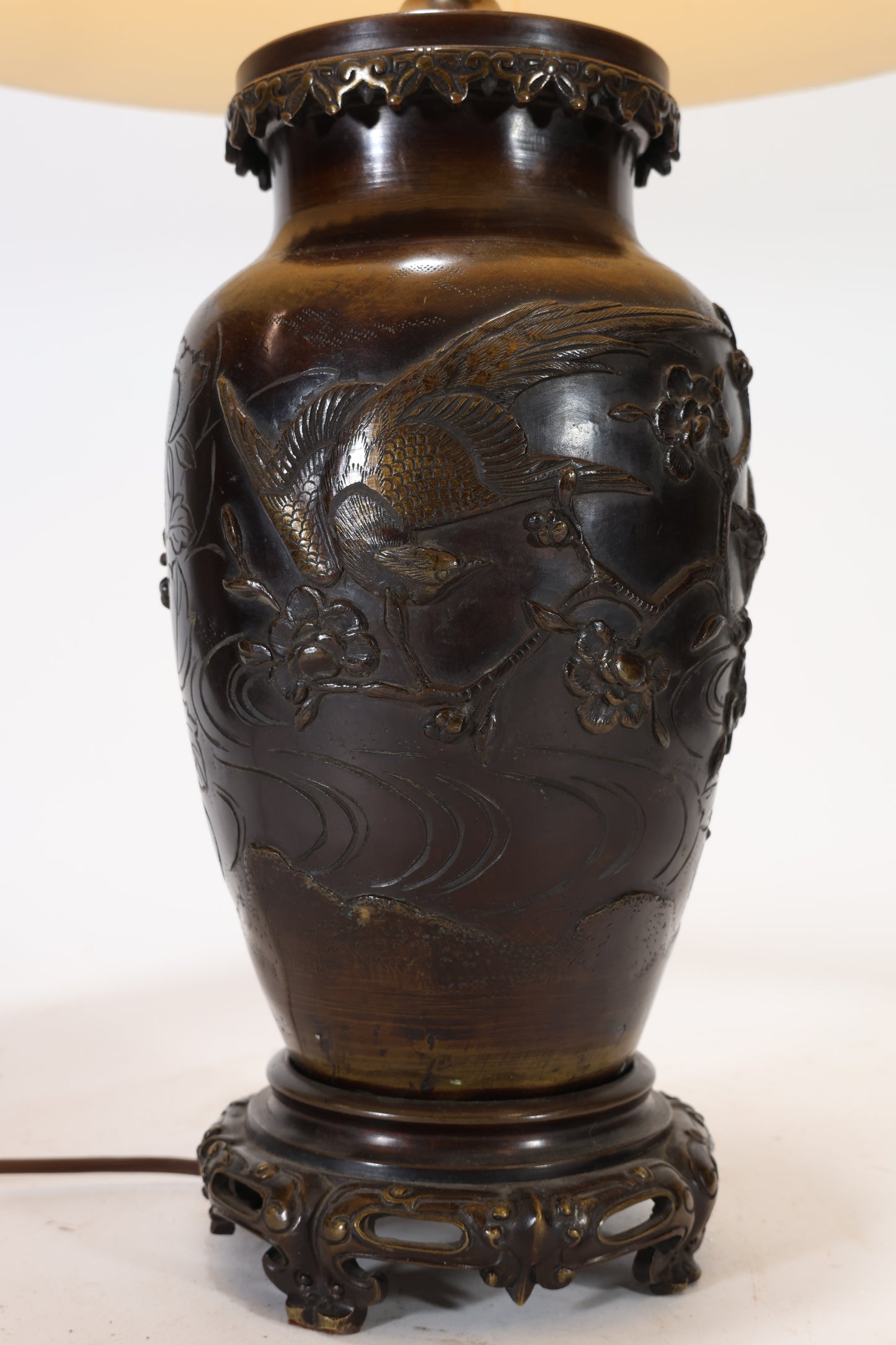 Japanese Meiji Bronze Vase Lamp with Relief Decoration