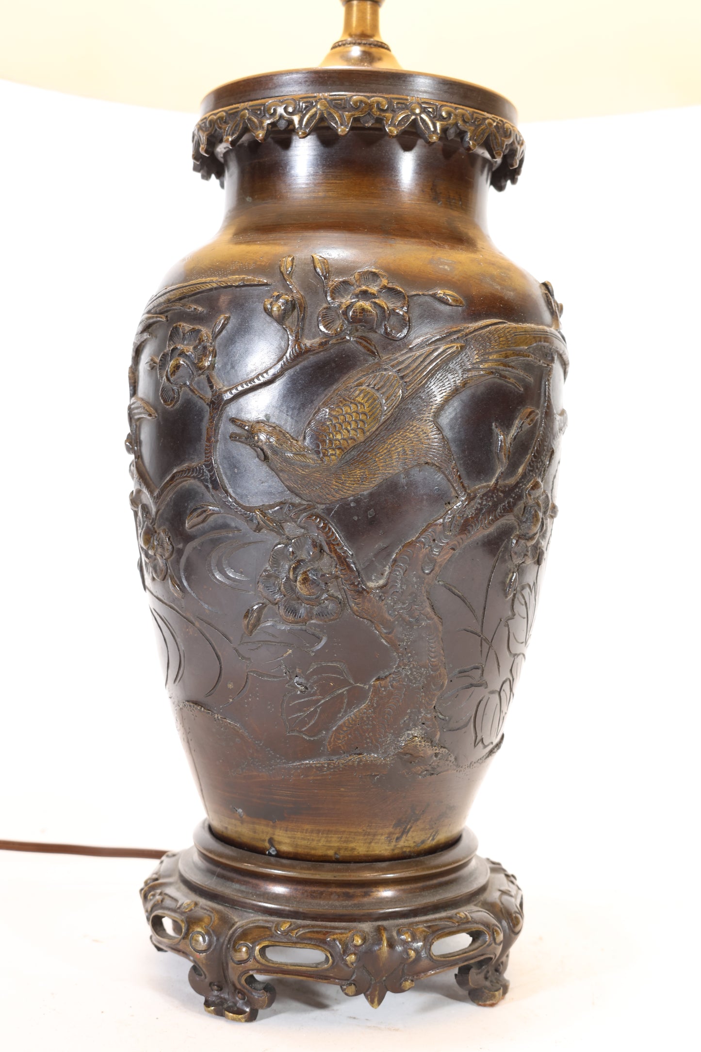 Japanese Meiji Bronze Vase Lamp with Relief Decoration