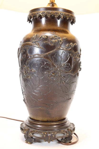 Japanese Meiji Bronze Vase Lamp with Relief Decoration