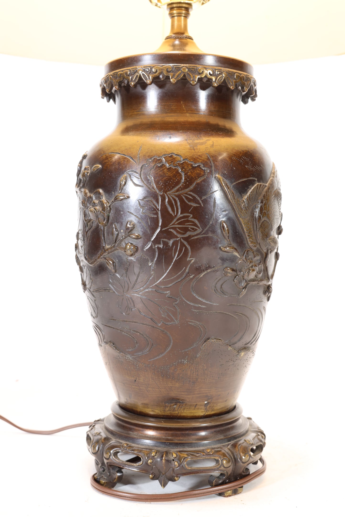 Japanese Meiji Bronze Vase Lamp with Relief Decoration